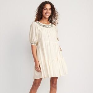 OLD NAVY Cream Puff-Sleeve Embroidered Smocked Mini Swing Dress Small off white
